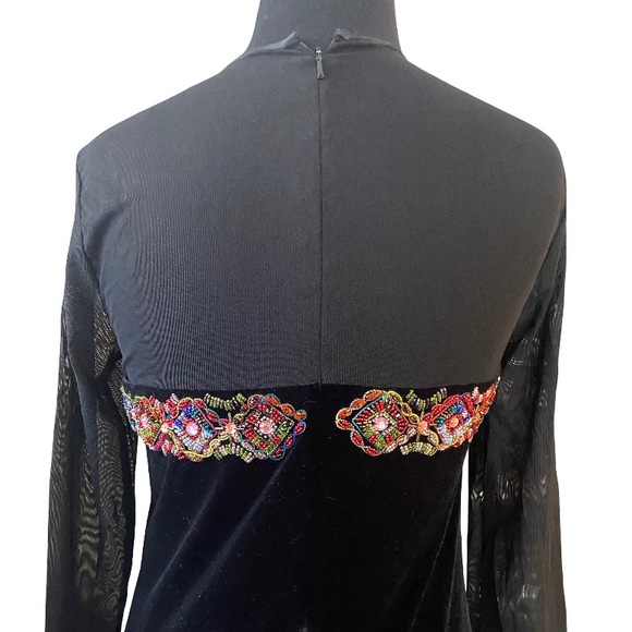Vintage Donna Morgan black bejeweled beaded velvet sheer sleeve dress size 6 - Picture 7 of 13